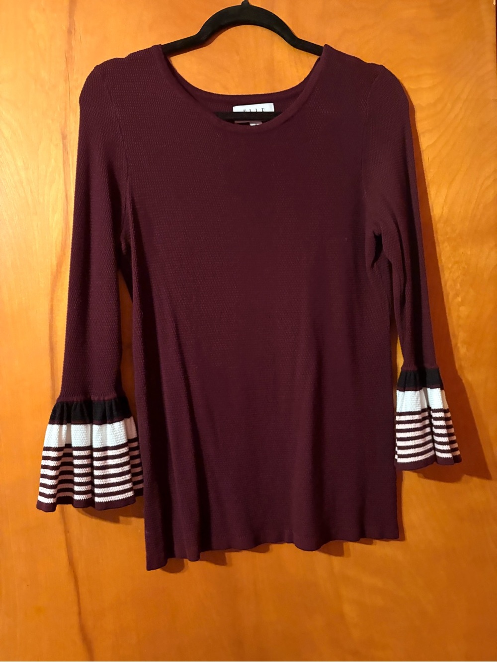 Elle Burgundy Long-Sleeve Top with Striped Ruffle Cuffs